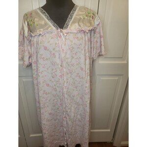 Moon Dance Pink/White  Button Up Gown/Robe L Bow Embroidery Cottage Tradwife